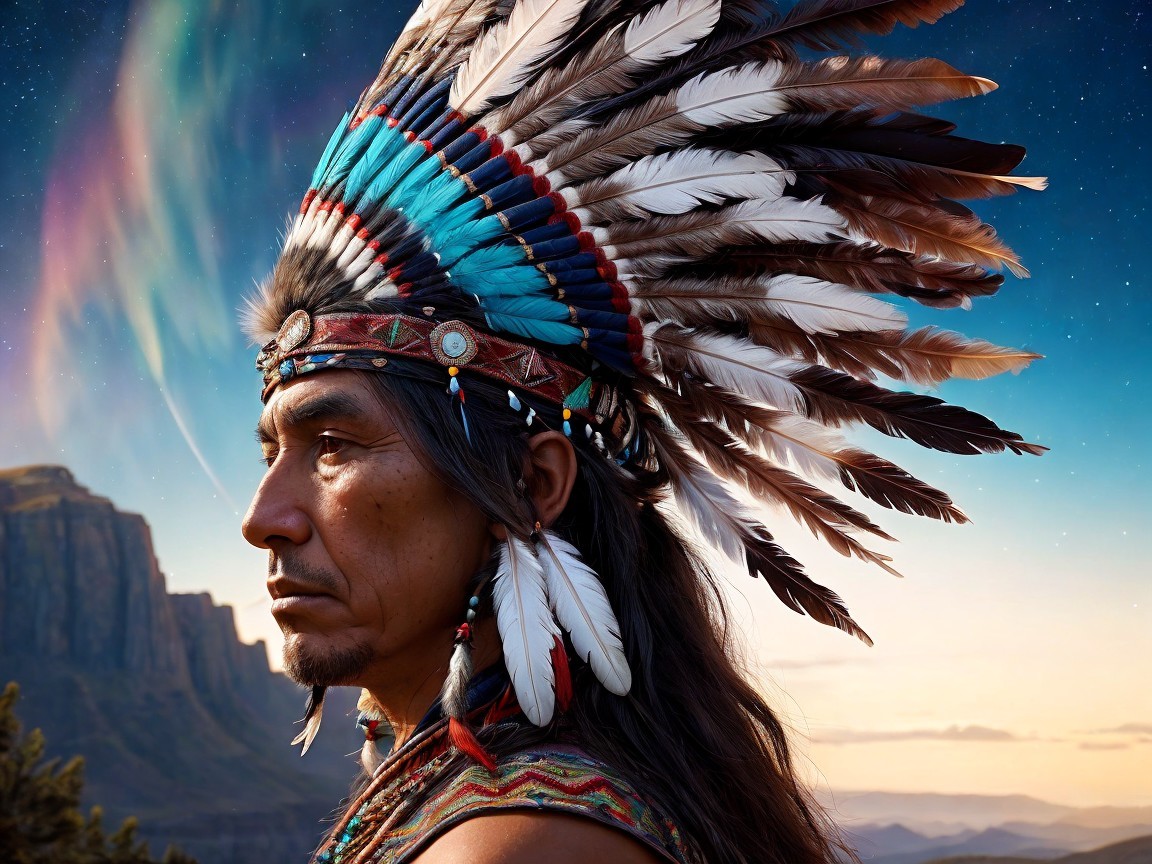 Indigenous Man in Feathered Headdress Against Aurora Sky