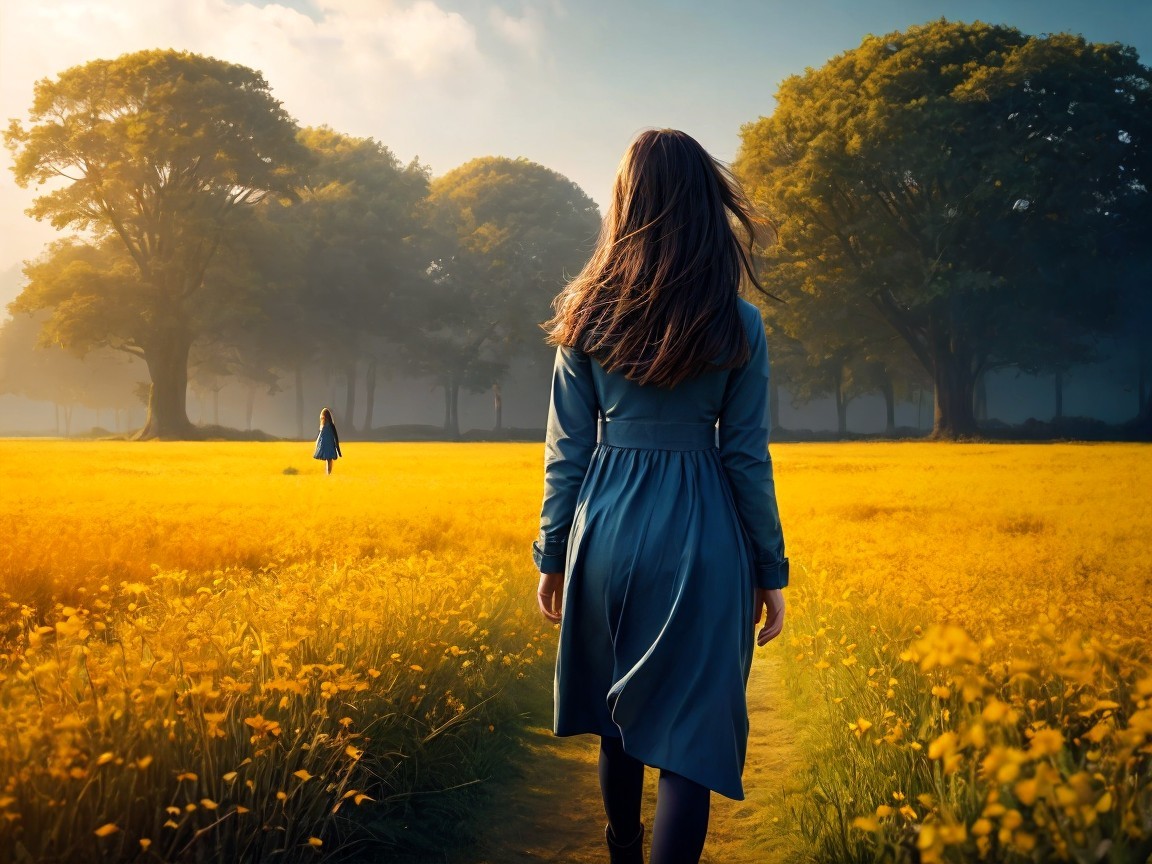 Woman in Blue Dress Walking Through Yellow Field