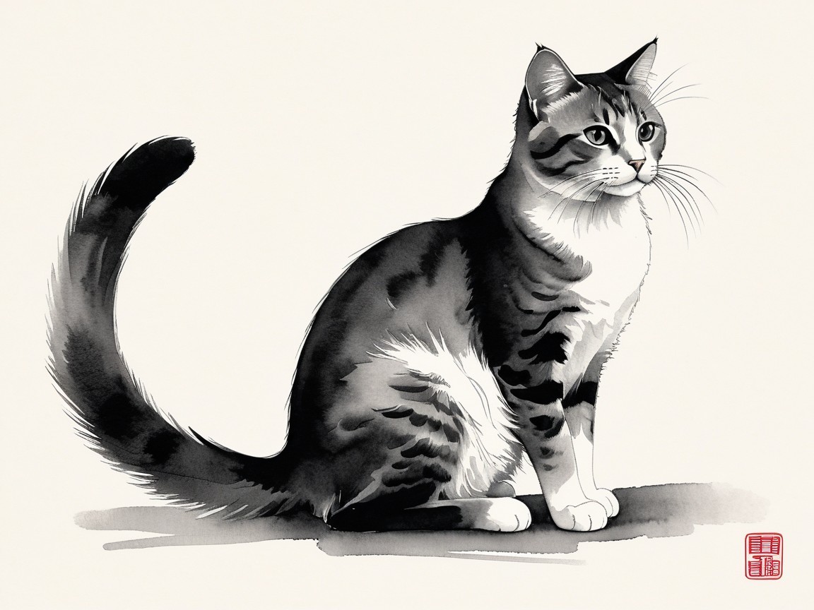 Black and white drawing of a graceful tabby cat