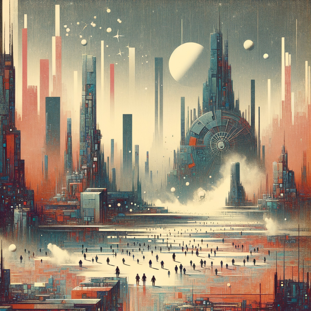 Futuristic cityscape with skyscrapers and silhouettes