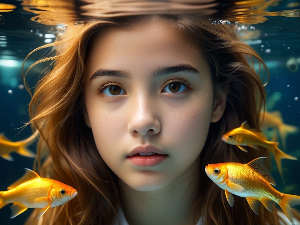 Young girl underwater with golden fish and soft light