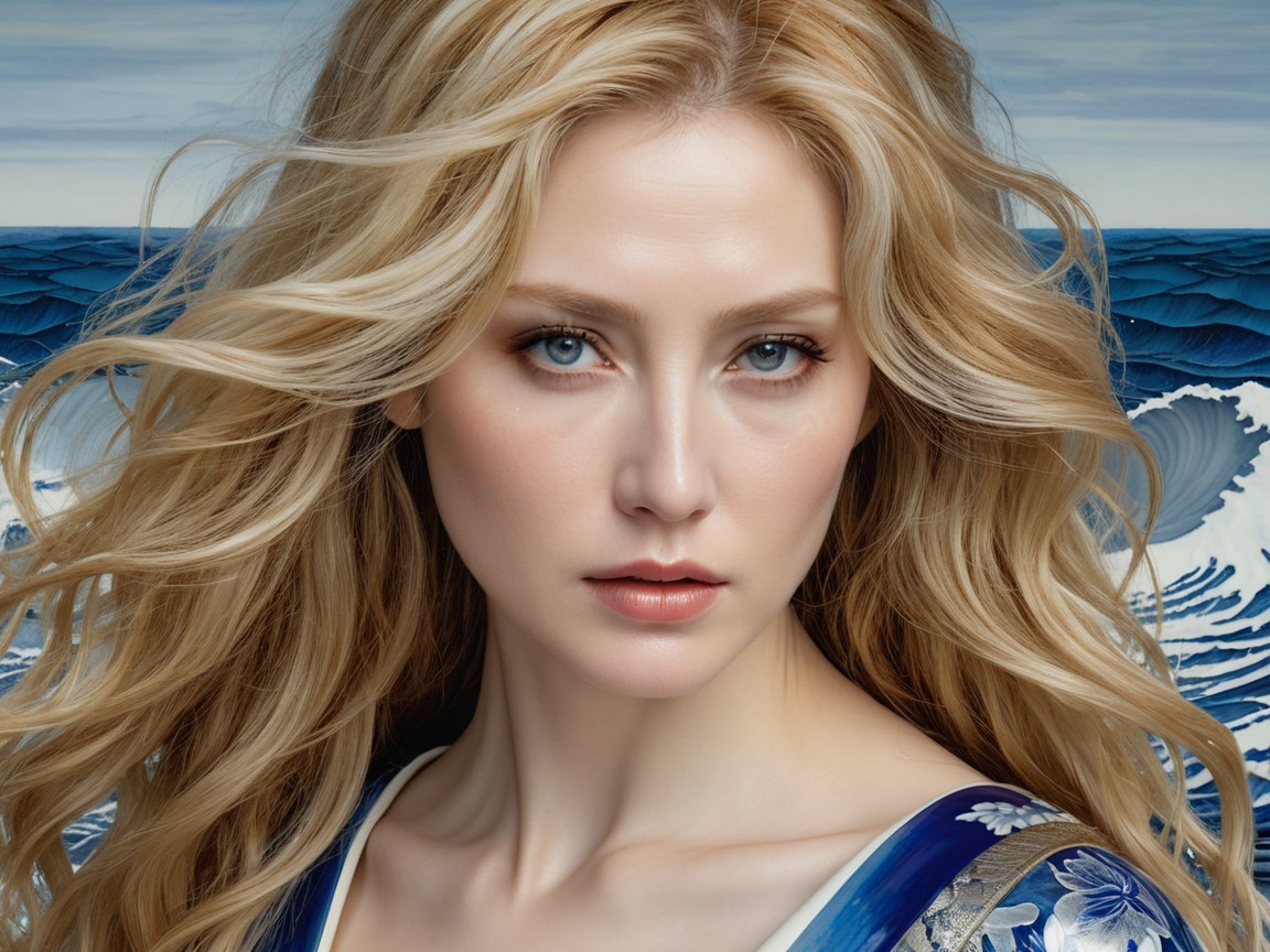Portrait of a Woman with Blonde Hair and Ocean Waves