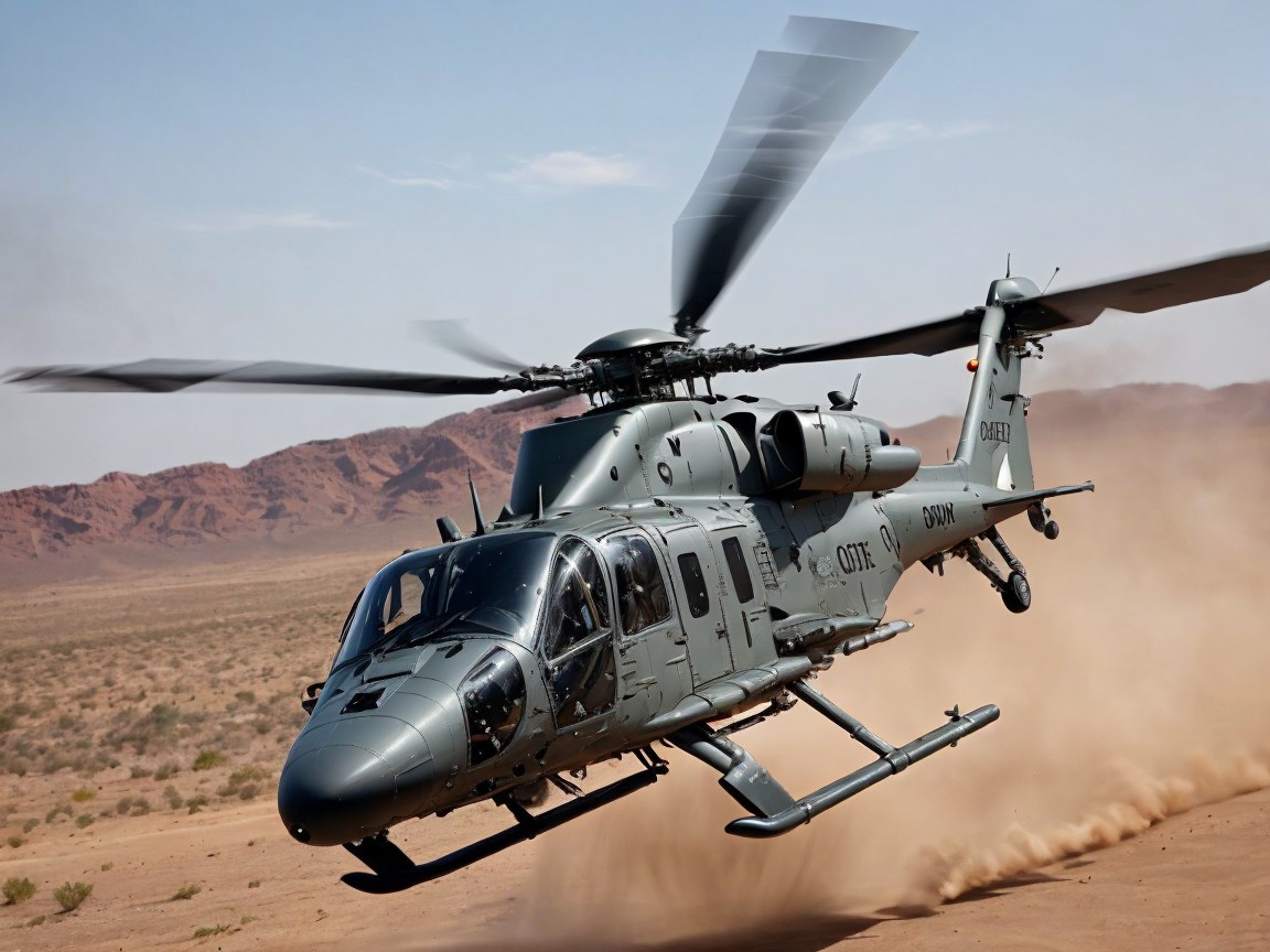 Military Helicopter Over Dusty Desert Landscape