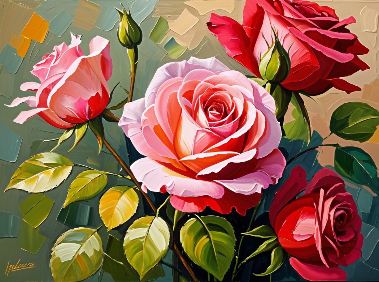 Vibrant Bouquet of Pink and Red Roses with Green Leaves