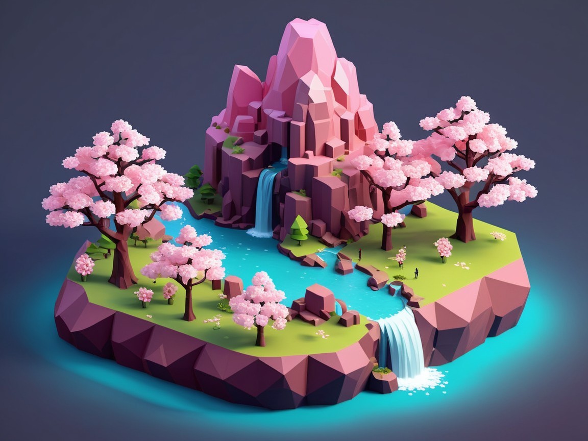 Vibrant Low-Poly Landscape with Pink Mountain and Waterfalls