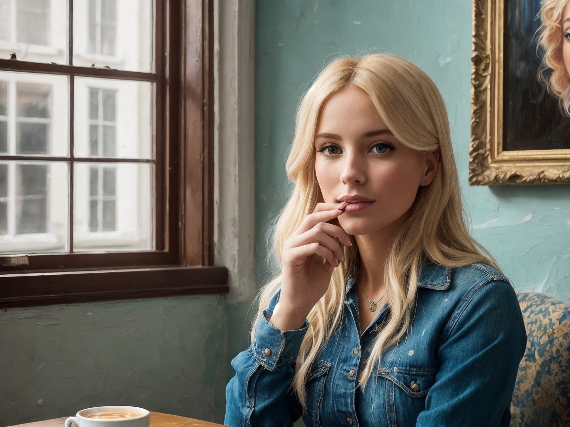 Young Woman in Denim Jacket at Cozy Café