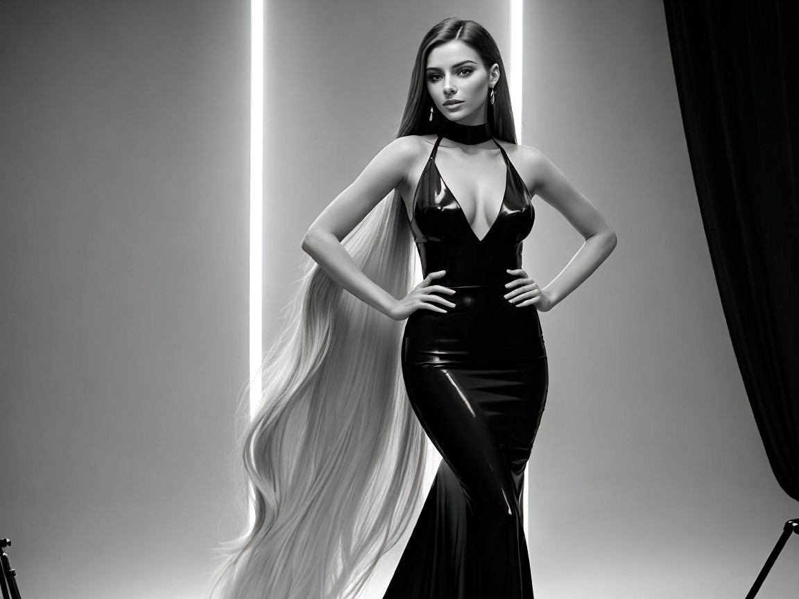 Black and White Image of Model in Latex Gown