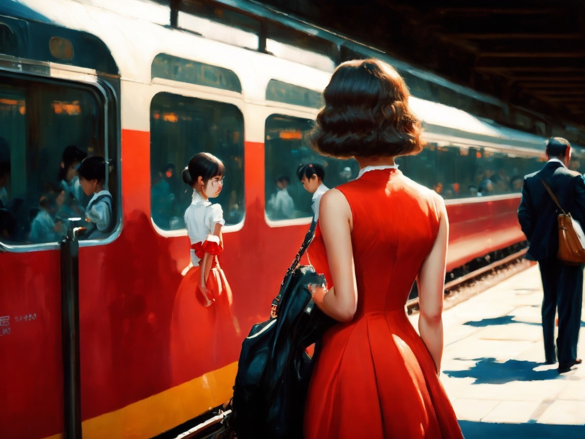 Woman in Red Dress at Busy Train Station Scene