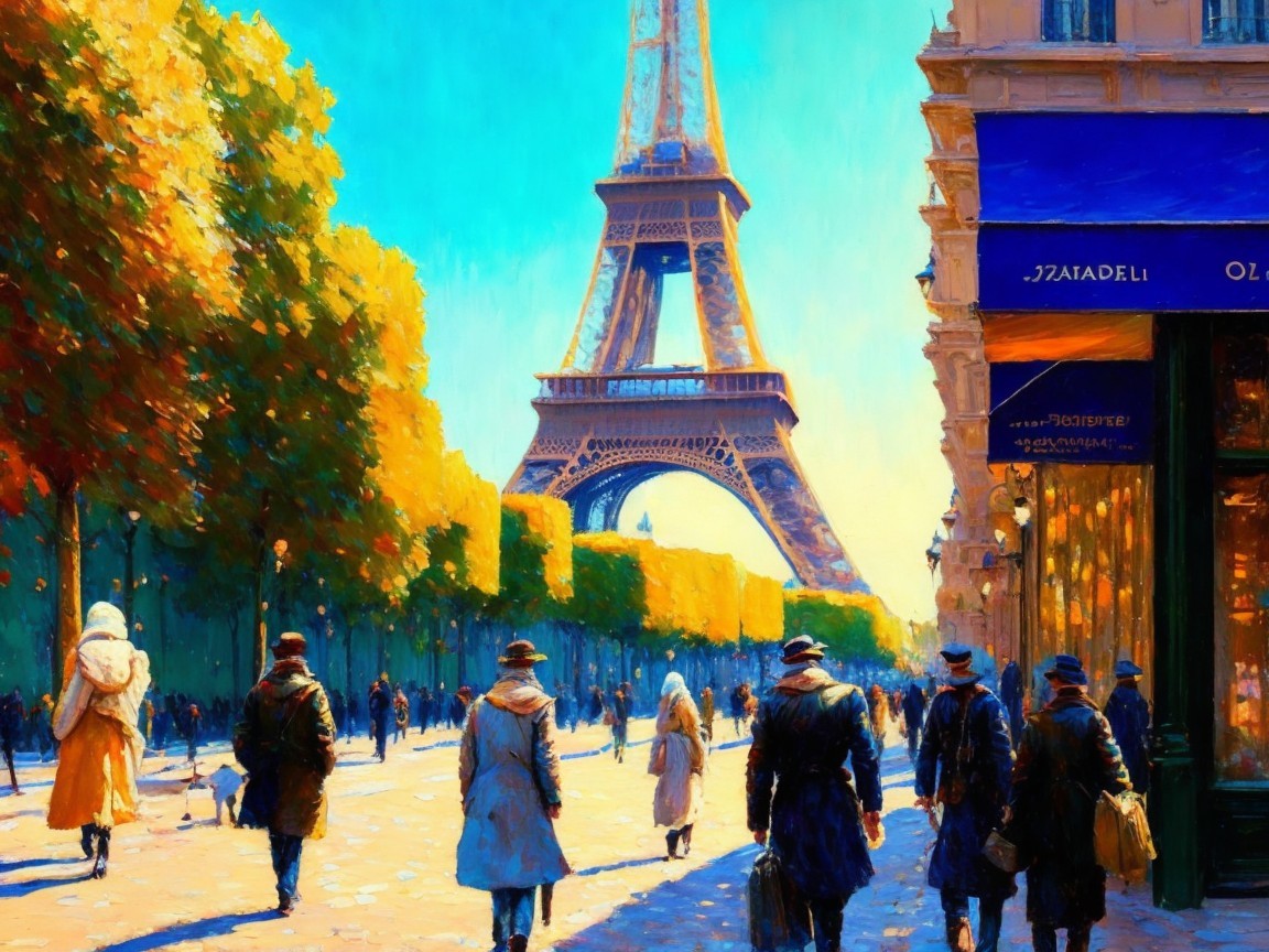 Parisian Avenue with Eiffel Tower and Autumn Colors