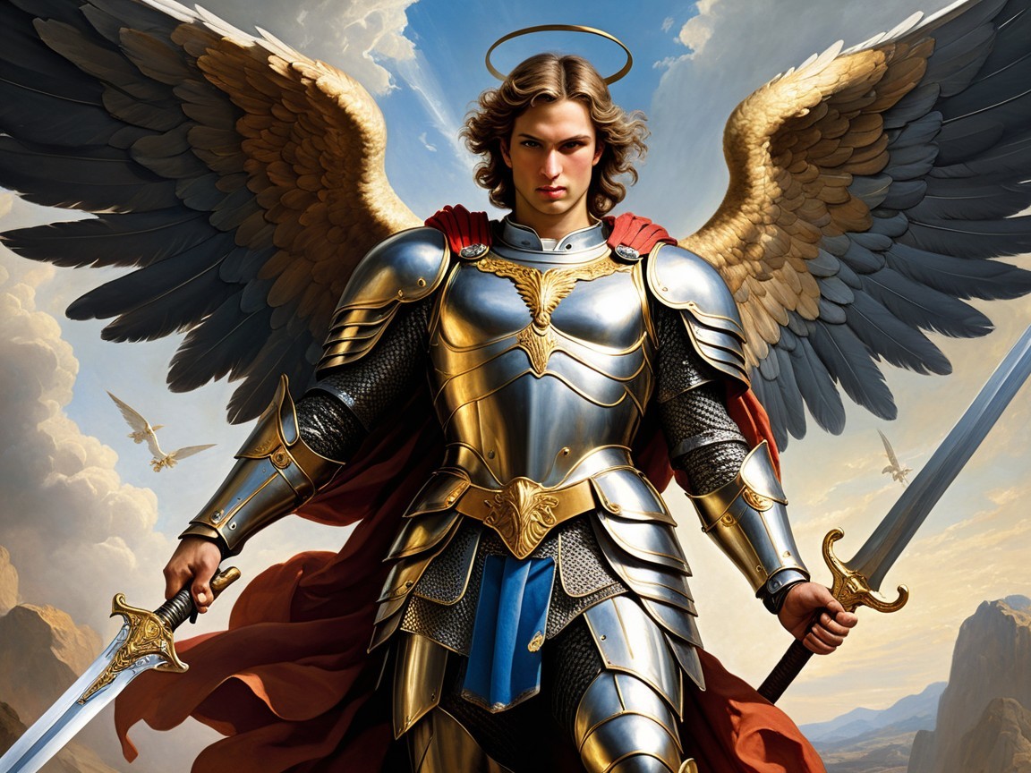 Golden Armored Figure with Wings and Halo in Sky