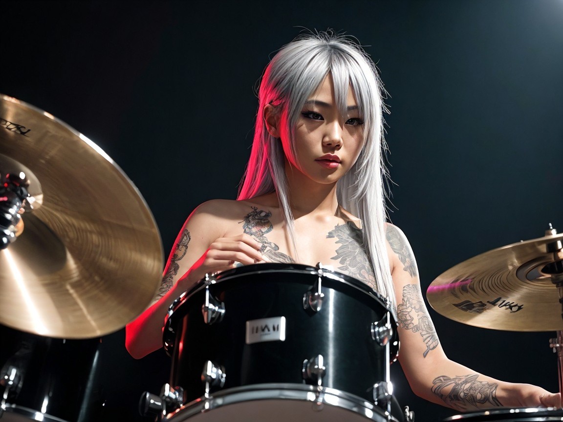 Drummer with Silver Hair Performs on Black Drum Set