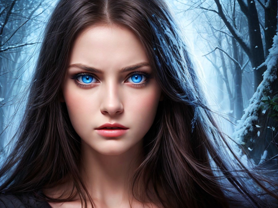 Young woman with blue eyes in a snow-covered forest