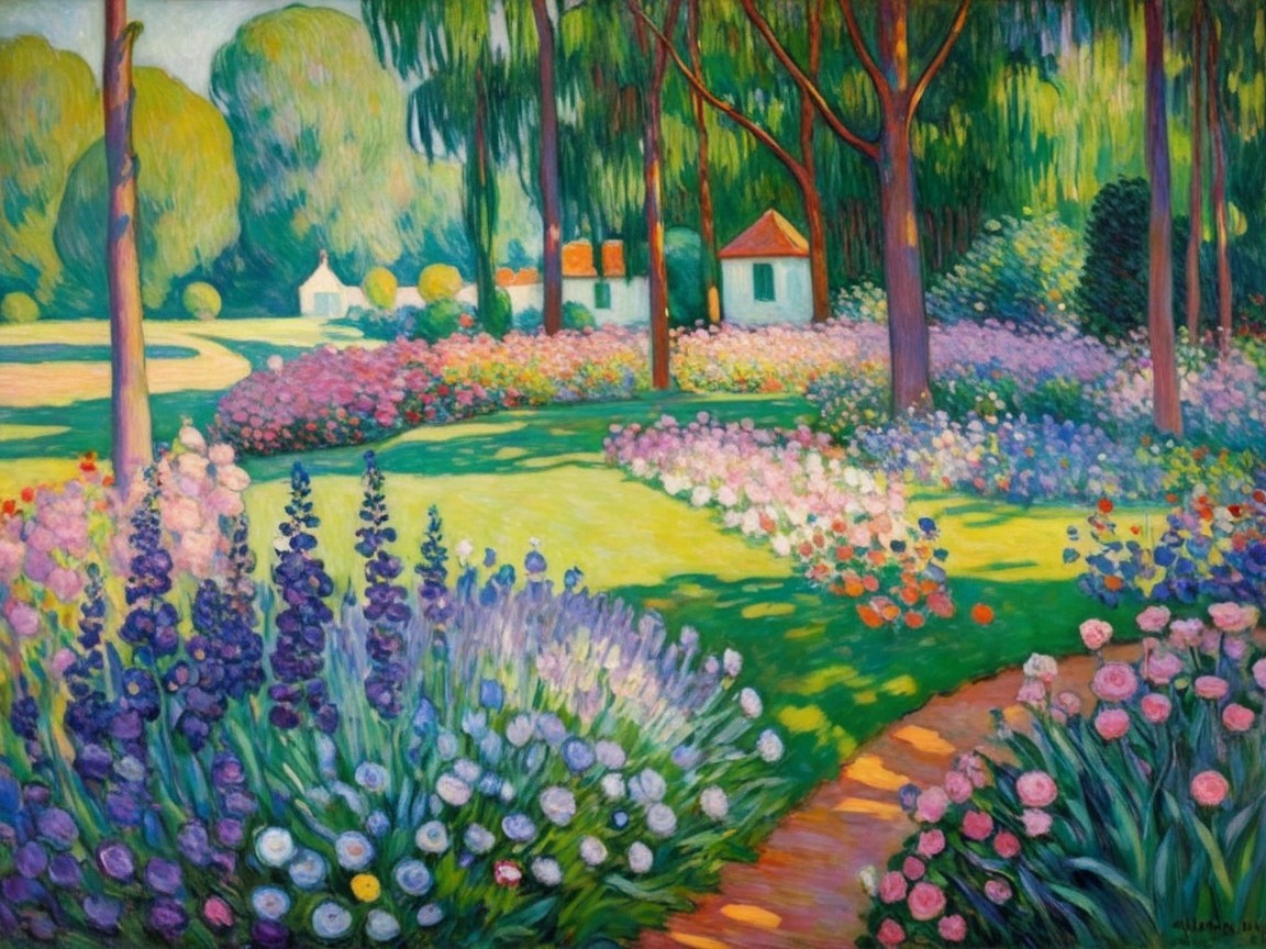 Vibrant Garden Landscape with Colorful Flowers and Homes