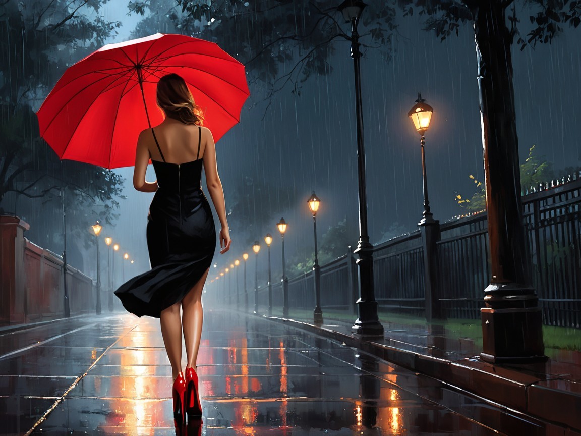 Woman in Black Dress with Red Umbrella in Rain