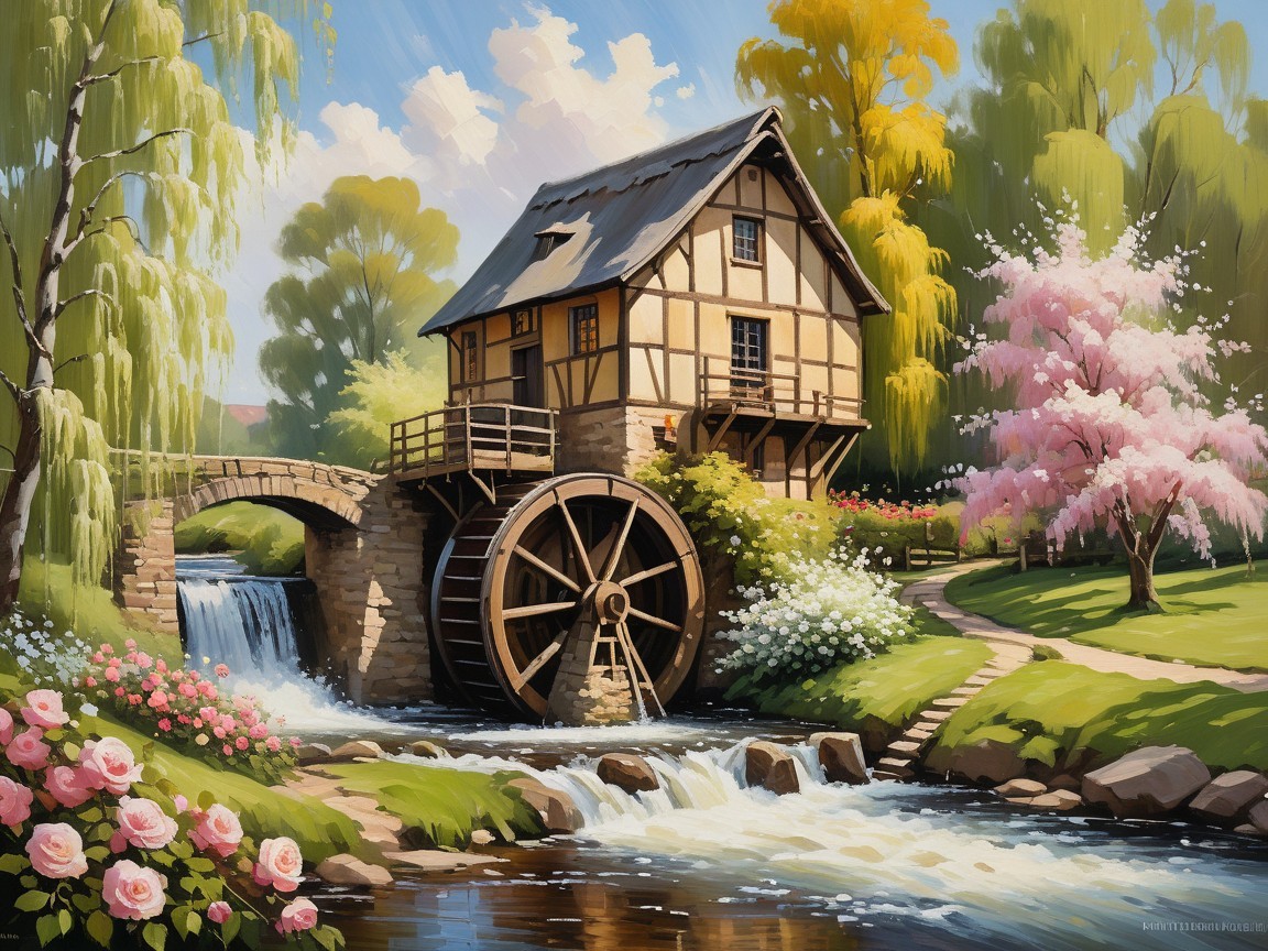 Traditional Watermill by Serene Stream and Greenery