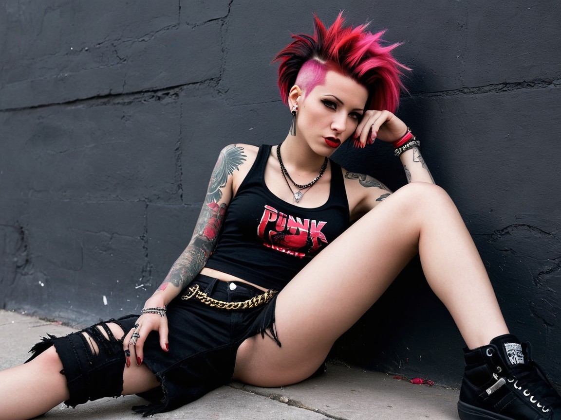 Confident Young Woman in Bold Punk Style Against Wall