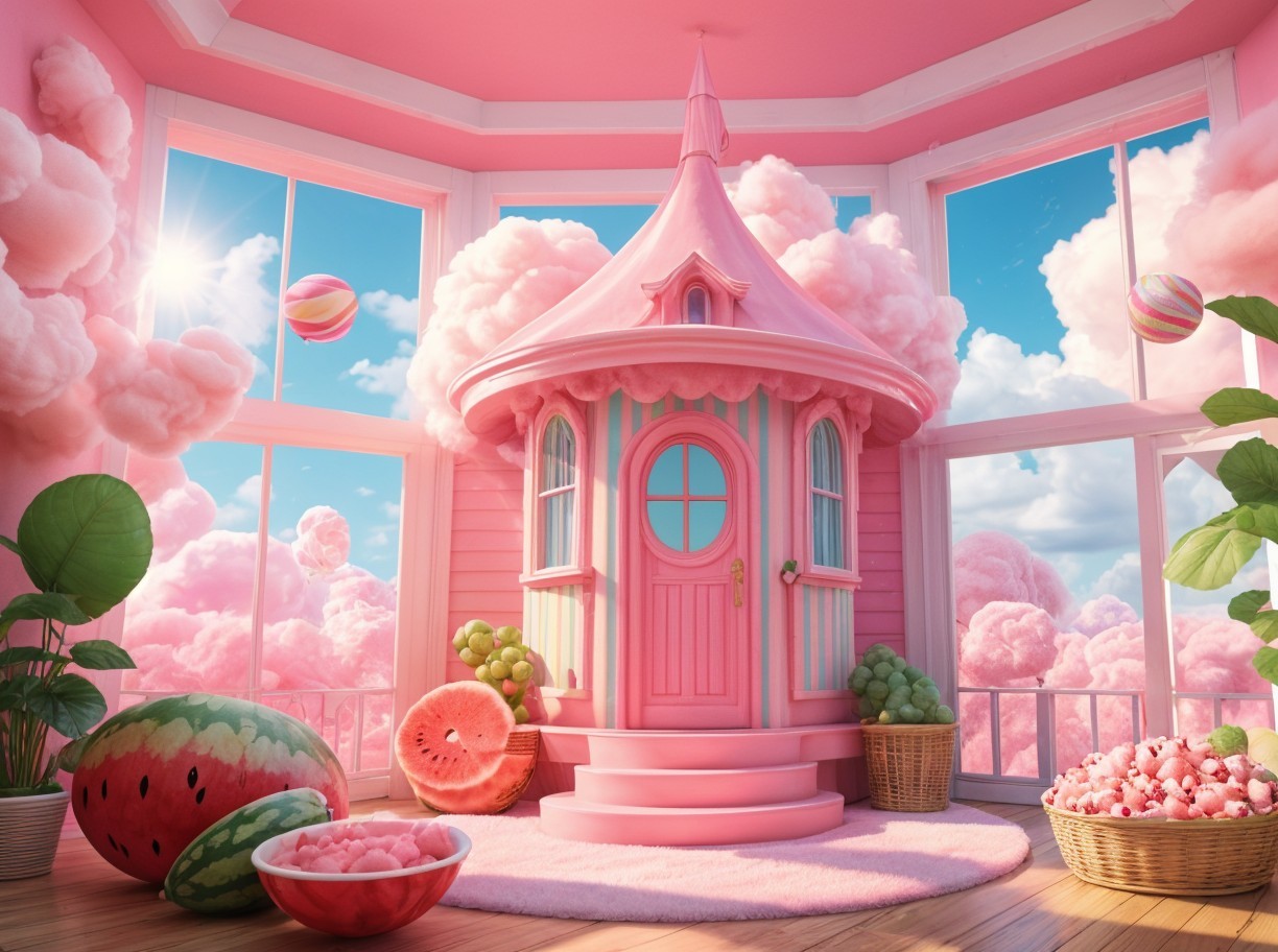Candy-Themed Room with Pink House and Cotton Candy Clouds
