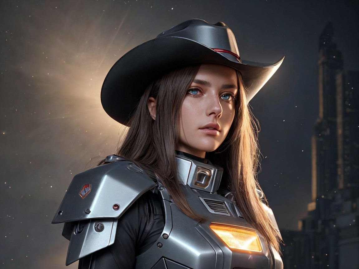 Futuristic Woman in Silver Armor Against Sci-Fi Background