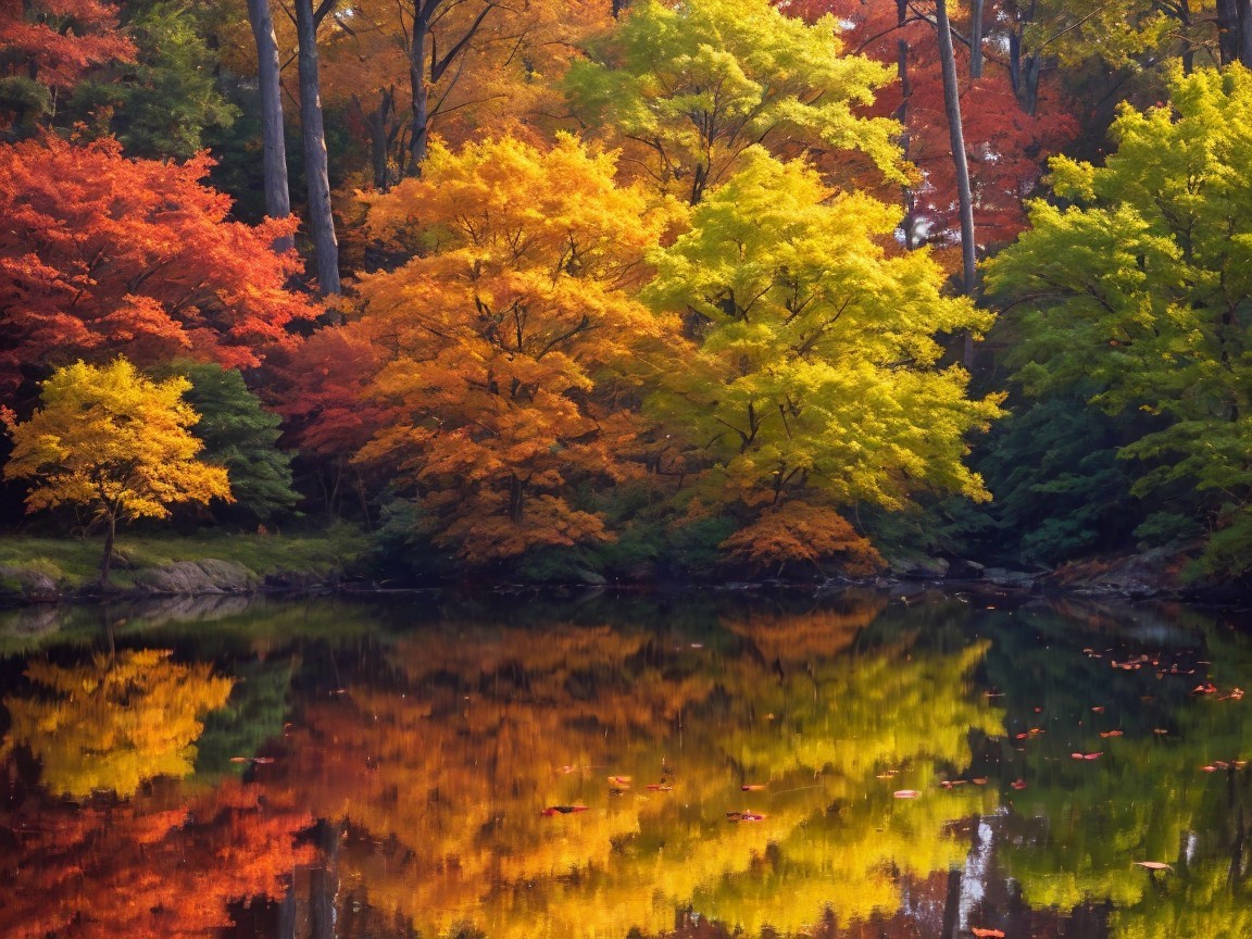 Tranquil Pond Surrounded by Vibrant Autumn Foliage