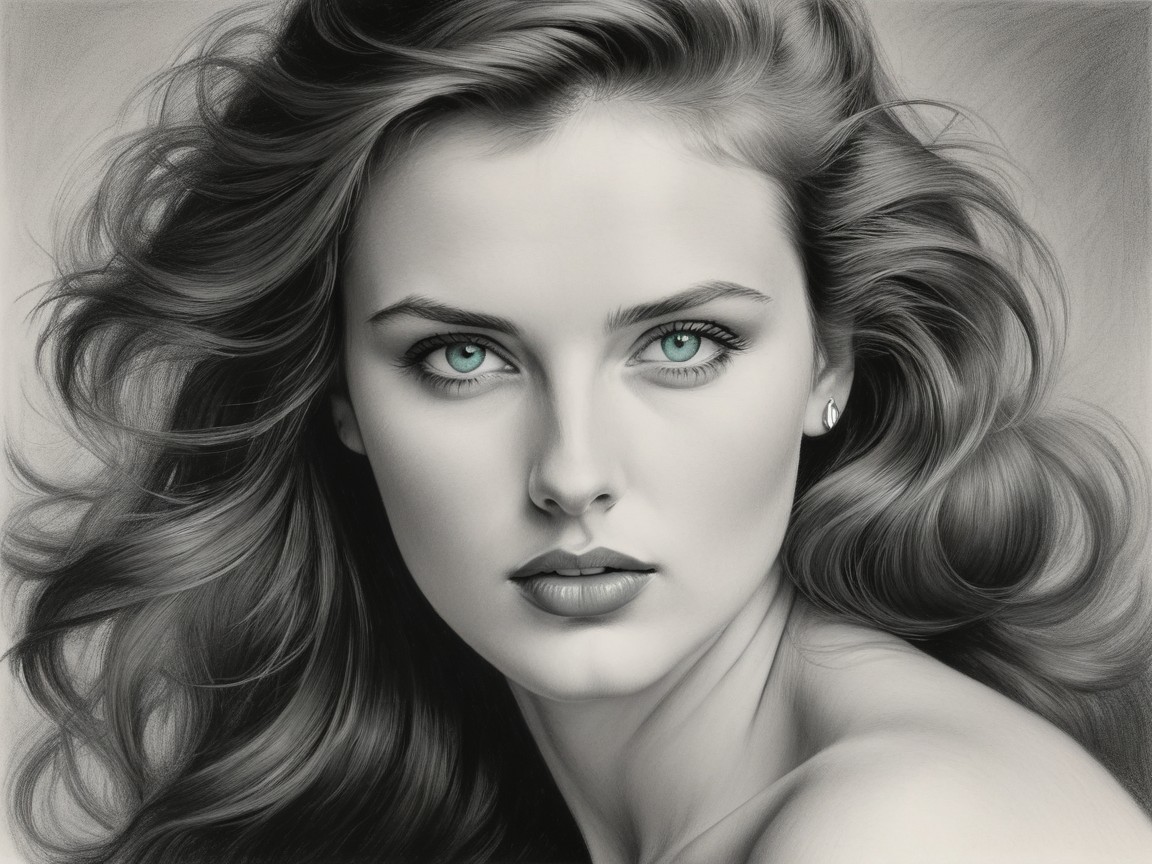 Black and white portrait of a young woman with green eyes