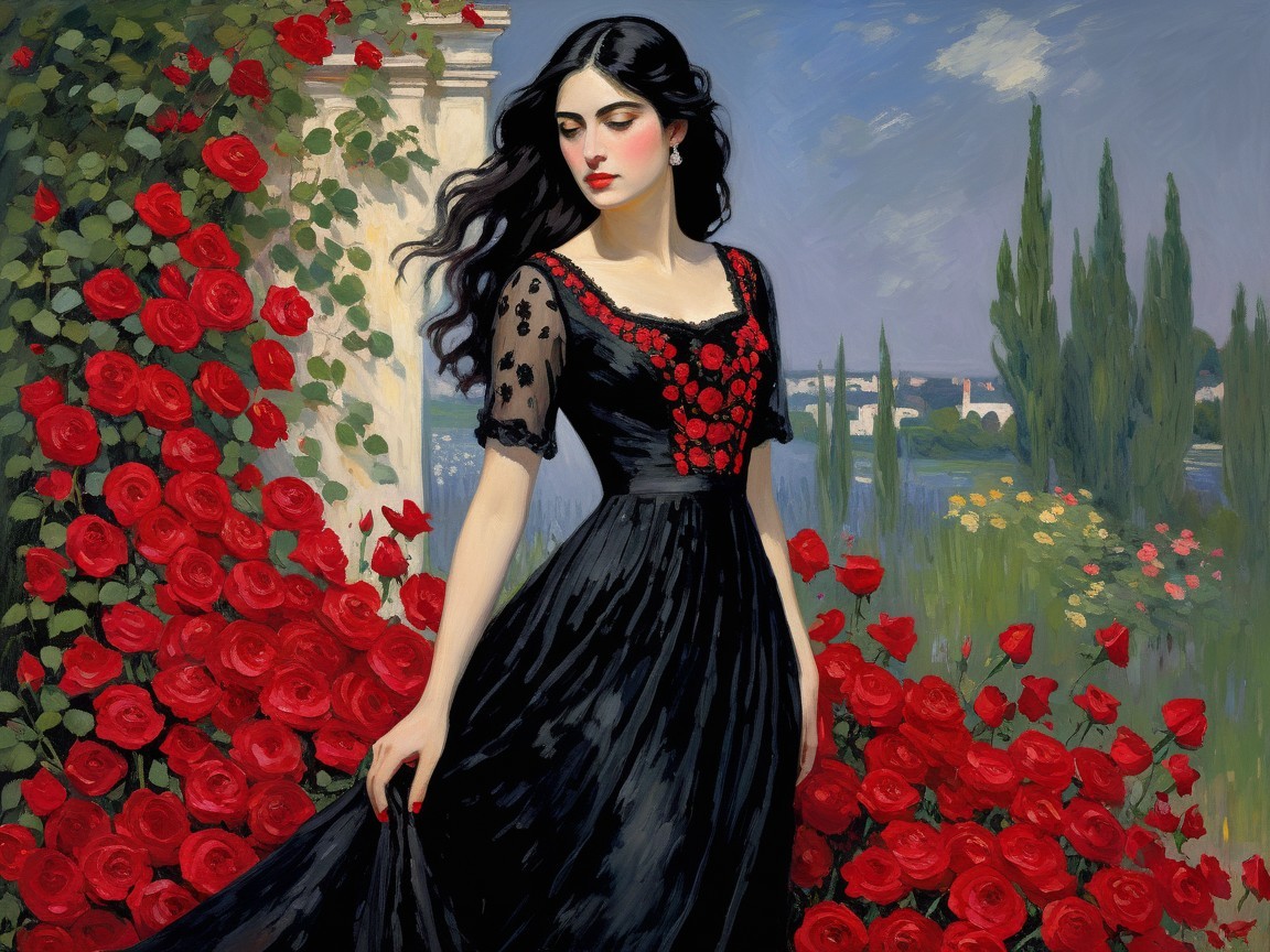 Elegant Woman Among Vibrant Red Roses and Greenery