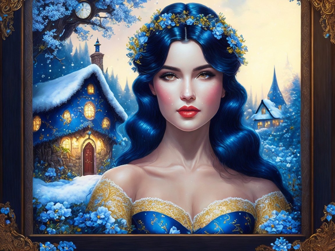 Serene Winter Scene with Young Woman in Blue Gown