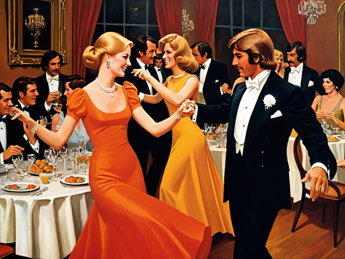 Elegant Banquet Hall with Dancing Guests in Formal Attire