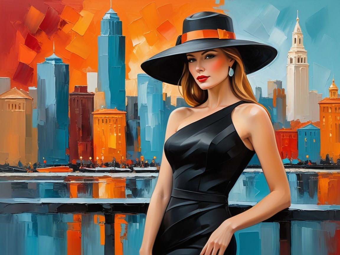 Woman in Black Dress Against Sunset City Skyline