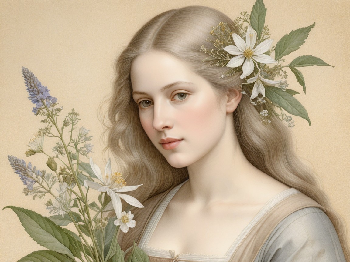 Young woman with flowers in serene, tranquil setting