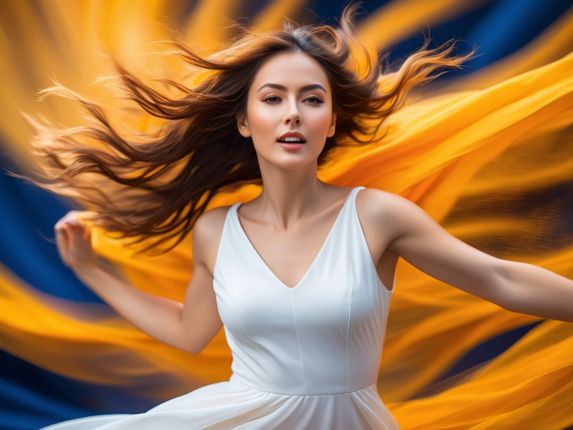 Woman in white dress dances against vibrant backdrop
