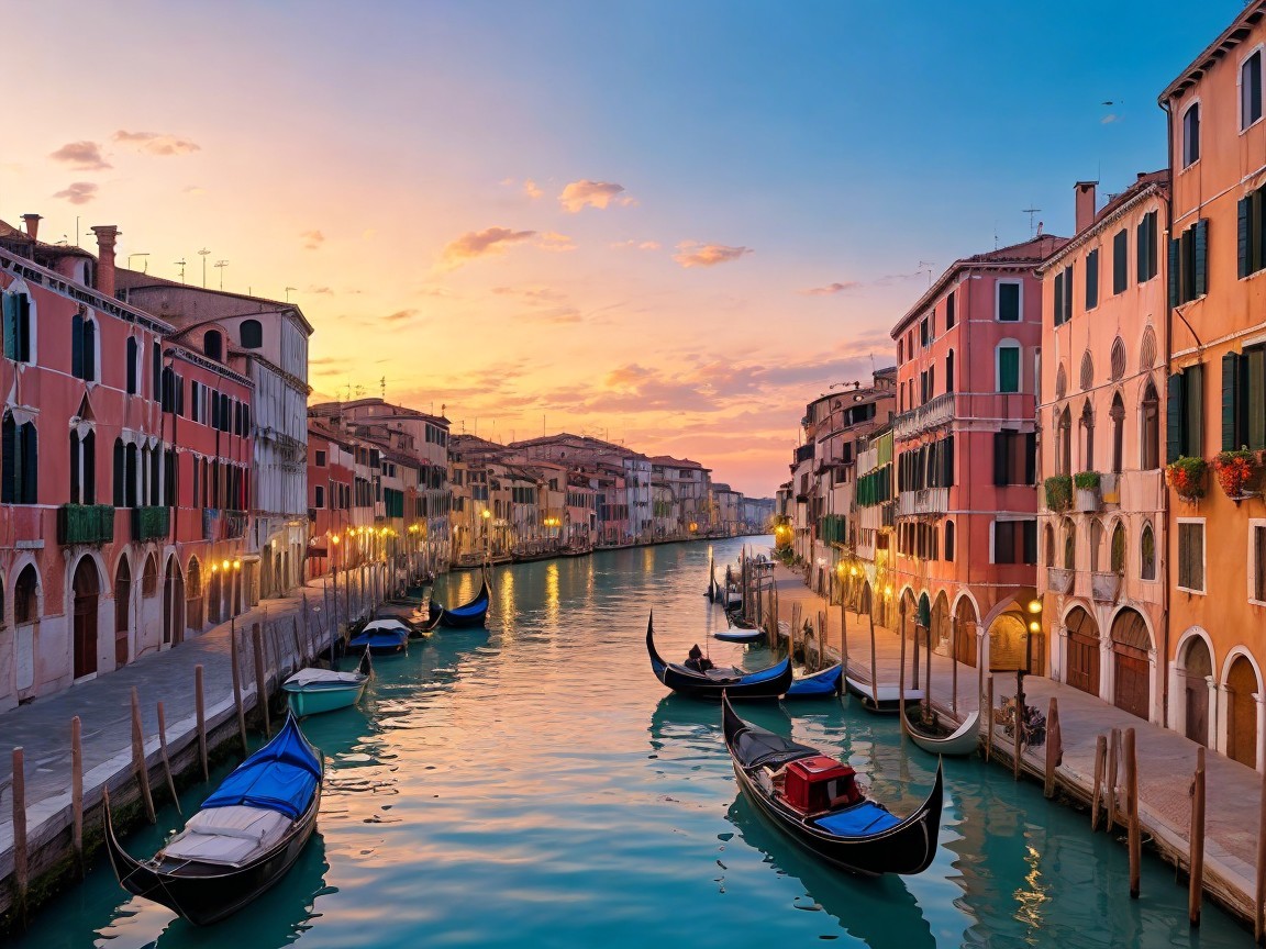Serene Venetian Canal at Dusk with Colorful Buildings