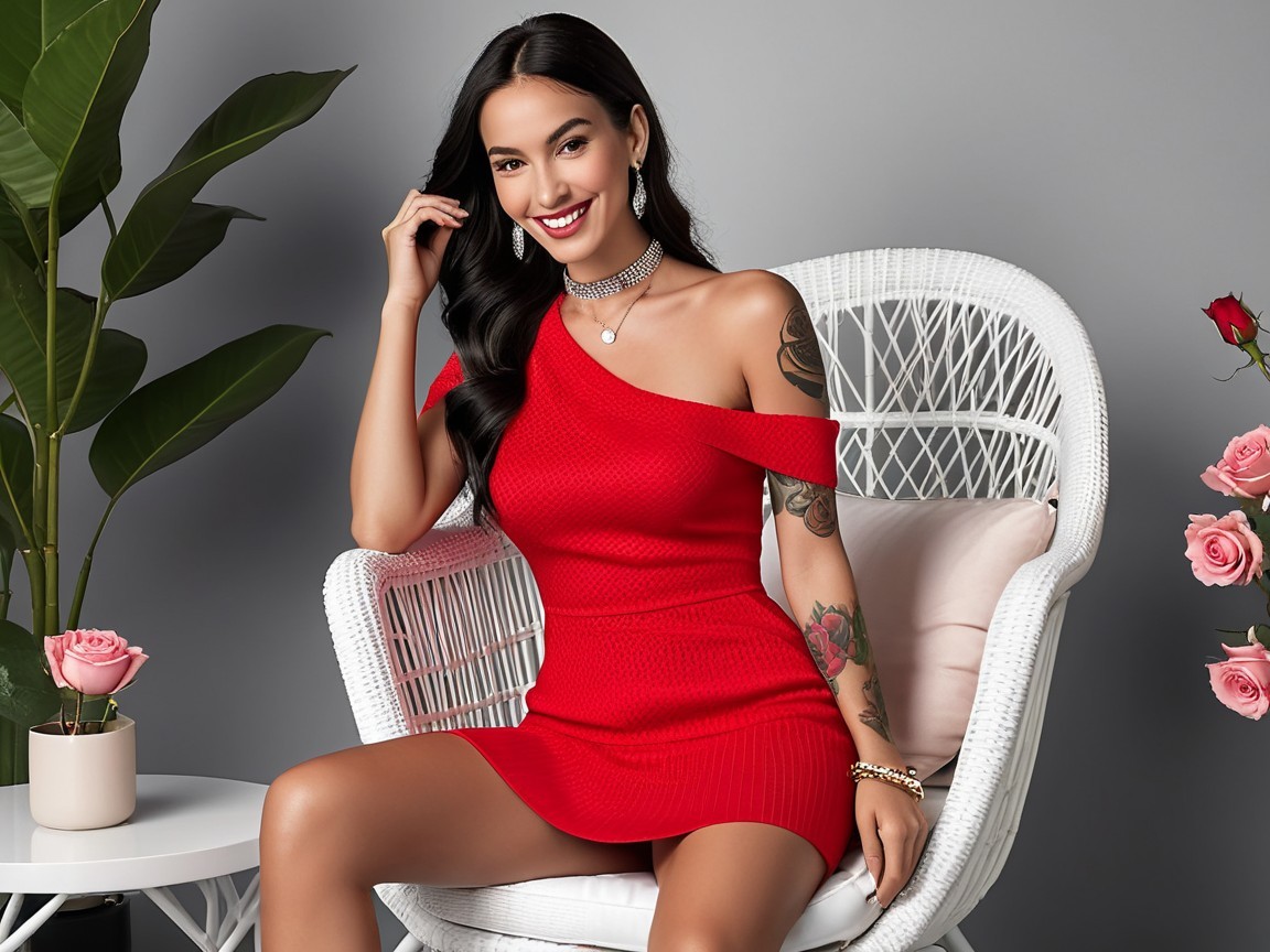 Elegant Woman in Red Dress with Silver Accessories