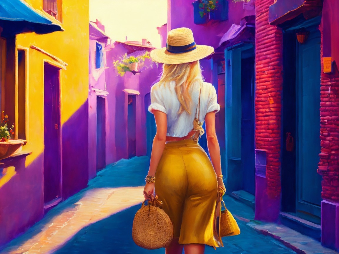Woman in vibrant alleyway with colorful buildings