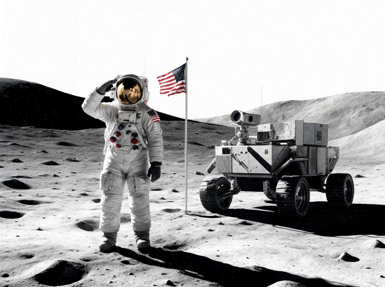 Astronaut Saluting on Moon with Lunar Rover and Flag