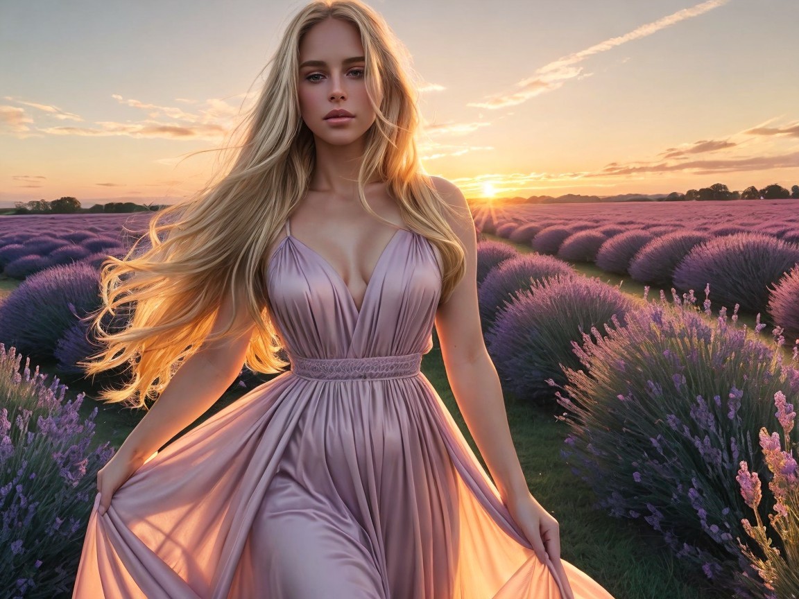 Woman in pink gown among lavender field at sunset