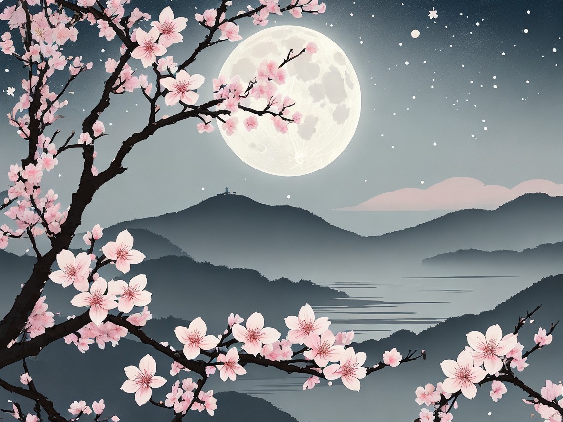 Serene Night Landscape with Moon and Cherry Blossoms