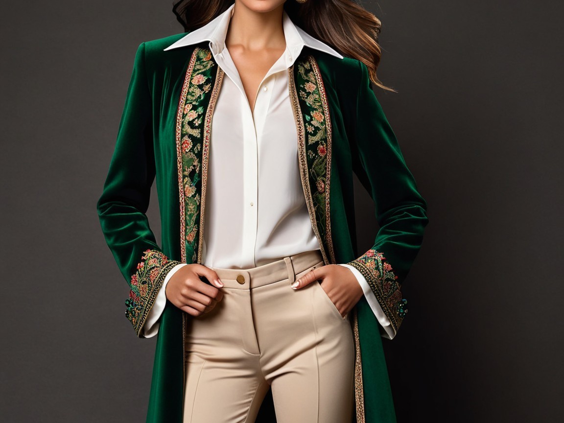Luxurious Green Velvet Coat with Floral Embroidery