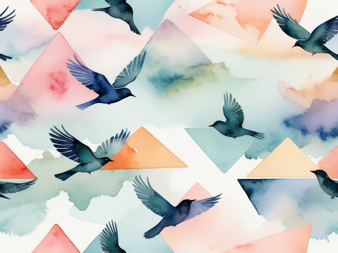 Watercolor Pattern of Flying Birds and Pastel Shapes