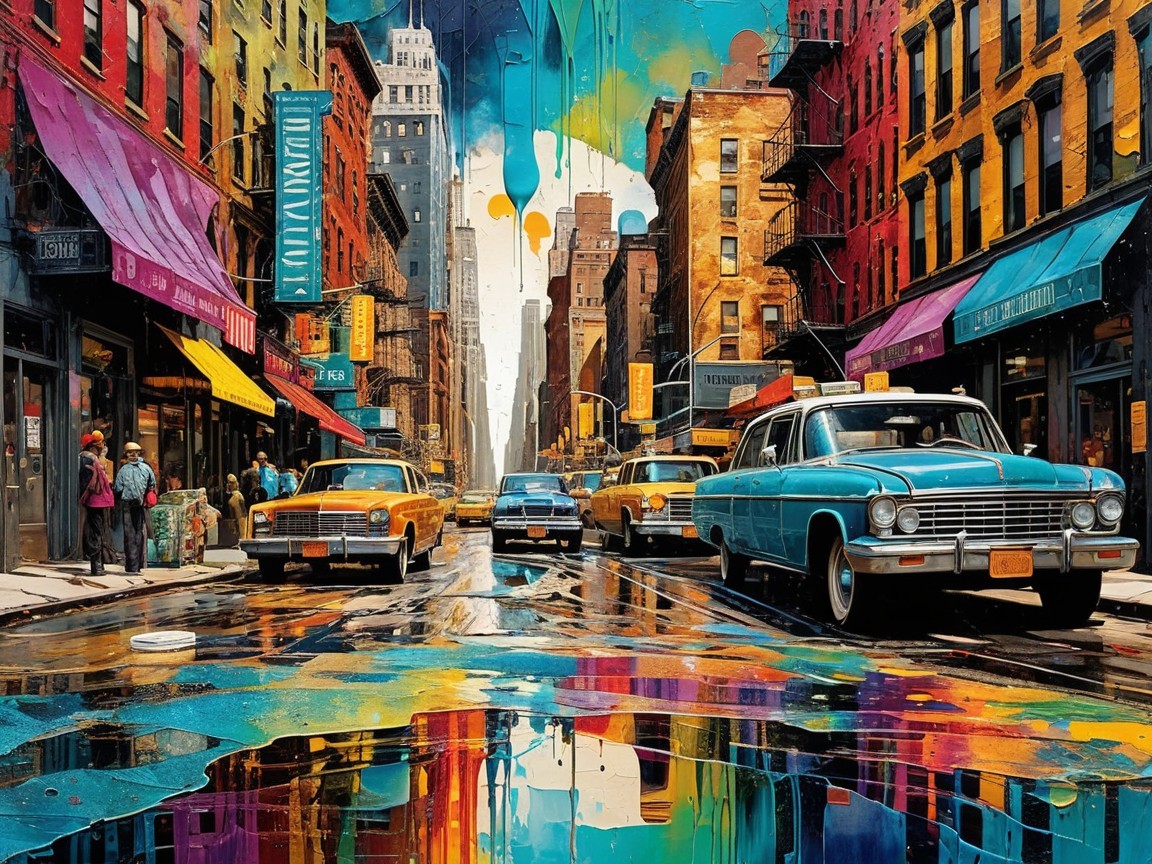 Vibrant City Street Scene with Colorful Taxis and Cars