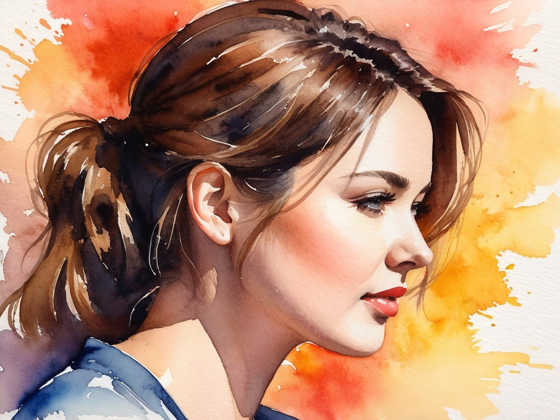 Watercolor Portrait of a Young Woman in Profile