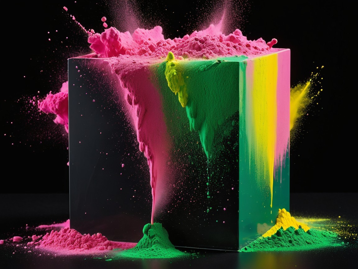 Colorful Pigment Explosion with Glass Cube on Black Background