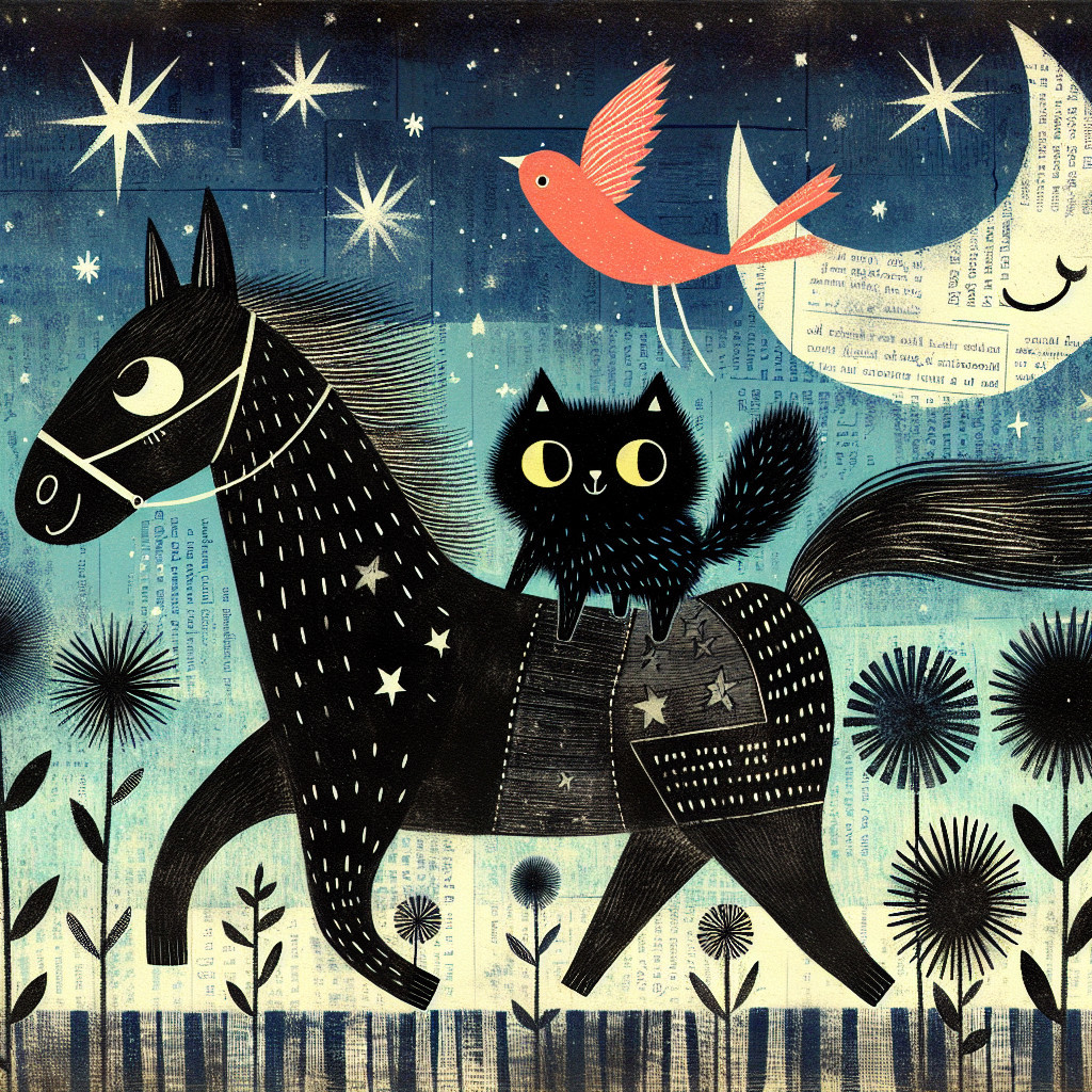 Whimsical Illustration of a Horse, Cat, and Night Sky
