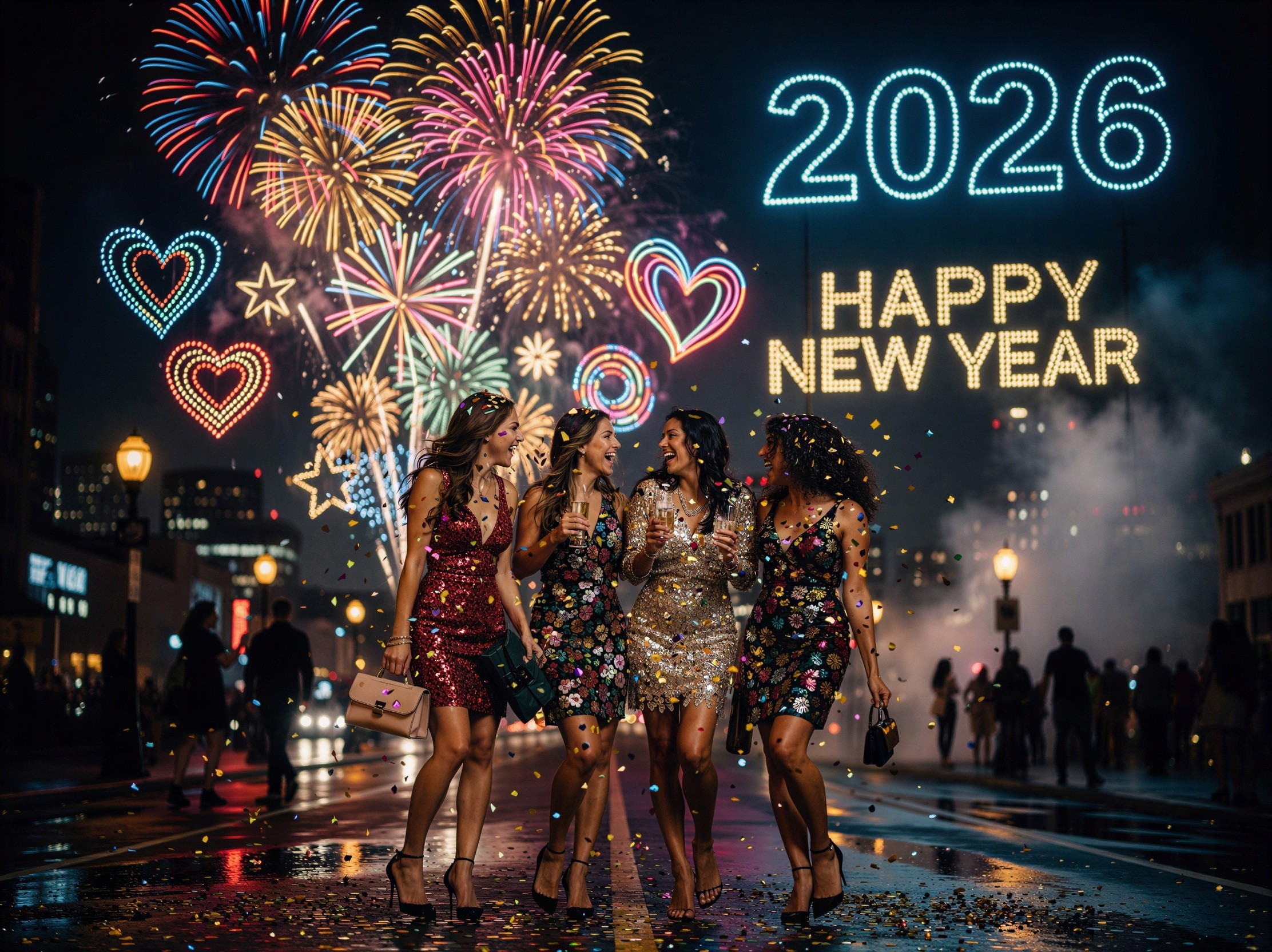 Young Women in Sparkly Dresses Celebrate New Year's Eve