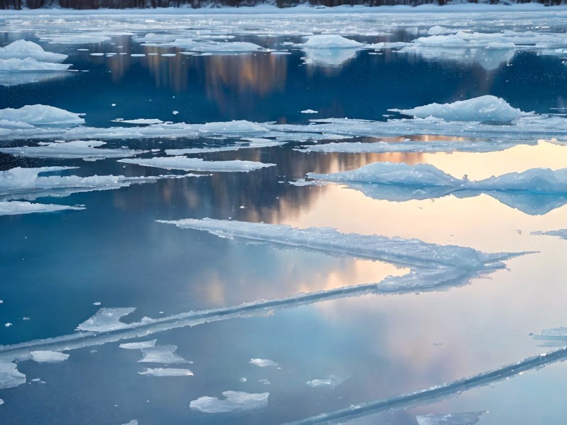 Icy Landscape with Fragmented Floes and Calm Lake
