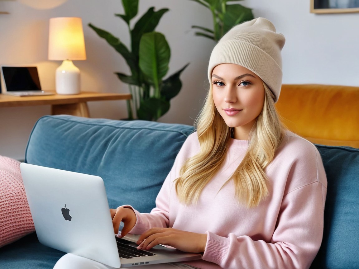Young woman on couch with laptop in cozy room