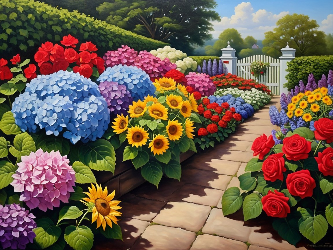 Vibrant Garden Pathway with Blooming Flowers and Gate