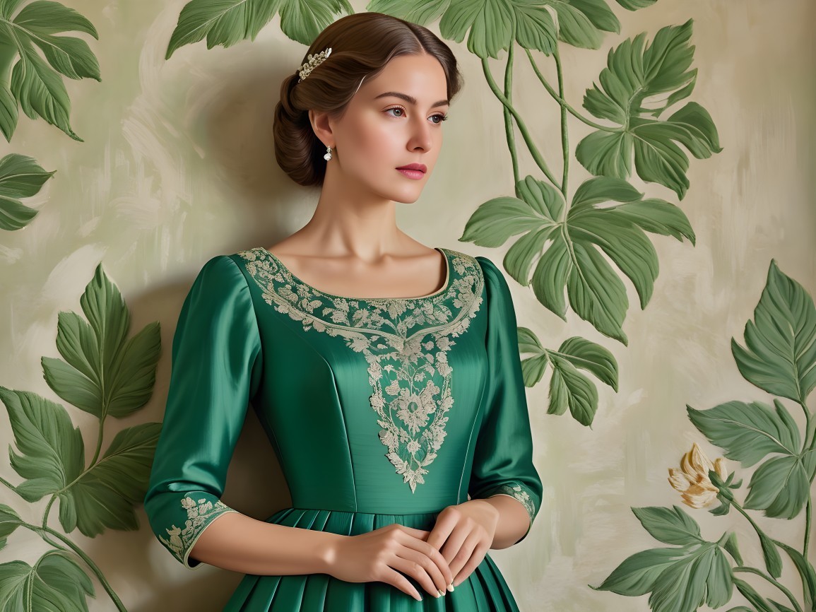 Elegant Woman in Green Dress with Leafy Backdrop