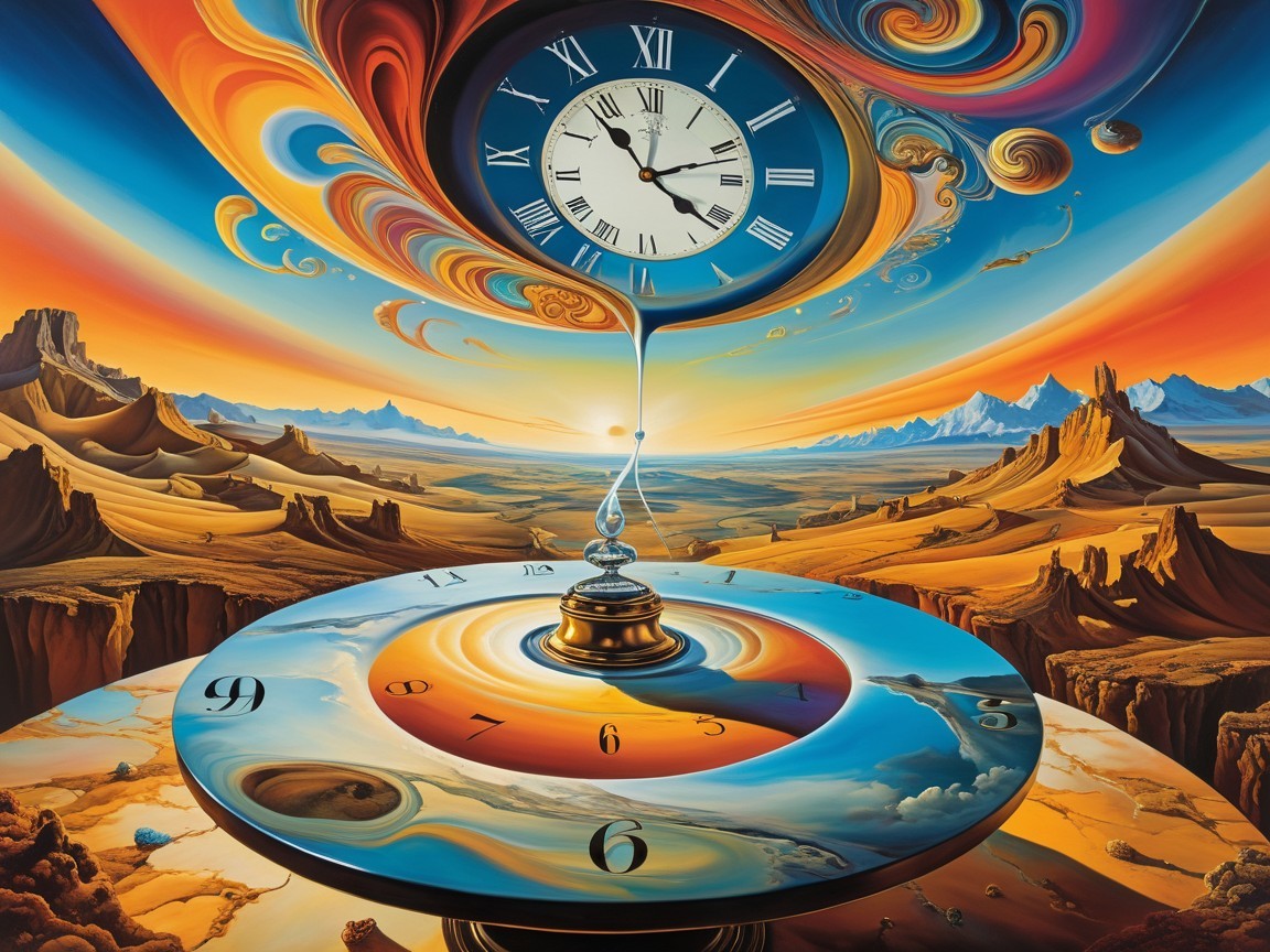 Surreal Landscape with Ornate Clock and Cosmic Scene