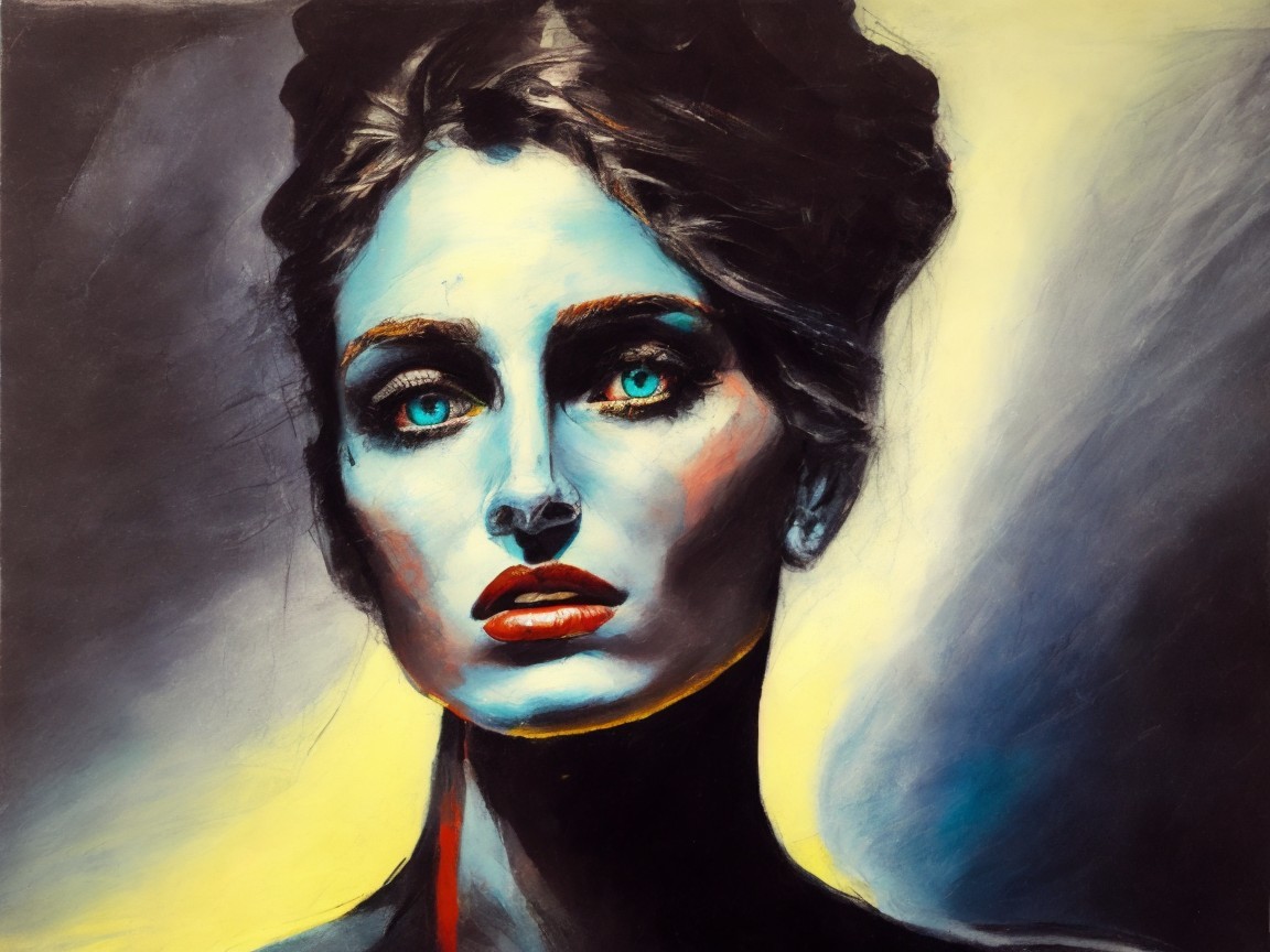 Portrait of a Woman with Blue Eyes and Dark Hair