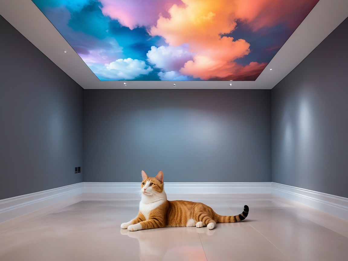 Cozy Modern Room with Colorful Ceiling Mural and Cat
